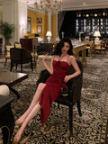 Sheath Spaghetti Straps Red Sleeveless Slit Tea Length Party Dresses Birthday Outfits SD674