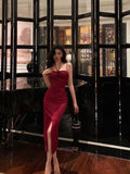 Sheath Spaghetti Straps Red Sleeveless Slit Tea Length Party Dresses Birthday Outfits SD674