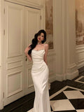 Mermaid Spaghetti Straps White Satin Slit Prom Dresses Birthday Outfits SD675
