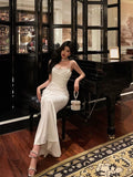 Mermaid Spaghetti Straps White Satin Slit Prom Dresses Birthday Outfits SD675