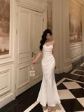 Mermaid Spaghetti Straps White Satin Slit Prom Dresses Birthday Outfits SD675