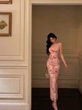 Mermaid Spaghetti Straps Floral Pink Prom Dresses Ankle Length Birthday Outfits SD678