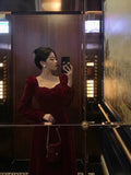 A line Square Neckline Long Sleeves Tea Length Velvet Prom Dresses Birthday Outfits SD686