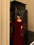 A line Square Neckline Long Sleeves Tea Length Velvet Prom Dresses Birthday Outfits SD686