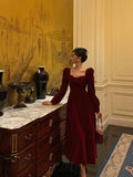 A line Square Neckline Long Sleeves Tea Length Velvet Prom Dresses Birthday Outfits SD686