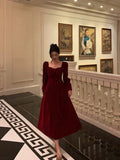 A line Square Neckline Long Sleeves Tea Length Velvet Prom Dresses Birthday Outfits SD686