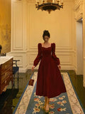 A line Square Neckline Long Sleeves Tea Length Velvet Prom Dresses Birthday Outfits SD686