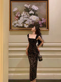 Mermaid Square Neckline Sleeveless Black Lace Prom Dresses Birthday Outfits SD691
