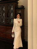 Mermaid Mandarin Collar Long Sleeves White Lace Prom Dresses Birthday Outfits SD692