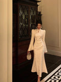 Mermaid Mandarin Collar Long Sleeves White Lace Prom Dresses Birthday Outfits SD692
