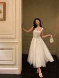A Line Straps Sleeveless White Tulle Date Night Dress Prom Dresses Birthday Outfits SD696