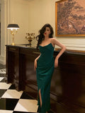 Sheath Spaghetti Straps Dark Green Satin Slit Prom Dresses Birthday Outfits SD697