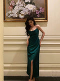 Sheath Spaghetti Straps Dark Green Satin Slit Prom Dresses Birthday Outfits SD697