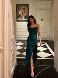 Sheath Spaghetti Straps Dark Green Satin Slit Prom Dresses Birthday Outfits SD697