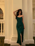 Sheath Spaghetti Straps Dark Green Satin Slit Prom Dresses Birthday Outfits SD697