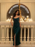 Sheath Spaghetti Straps Dark Green Satin Slit Prom Dresses Birthday Outfits SD697