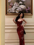 Sheath Spaghetti Straps Burgundy Butterfly Prom Dresses Birthday Outfits SD698