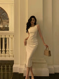 Sheath Bateau White Satin Tea Length Prom Dresses Birthday Outfits SD702