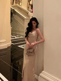 Sheath Spaghetti Straps Champagne Slit Prom Dresses Long Birthday Outfit SD706