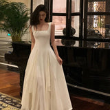 A line Square Neckline Sleeveless White Date Night Dress Prom Dresses Birthday Outfits SD708