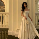 A line Square Neckline Sleeveless White Date Night Dress Prom Dresses Birthday Outfits SD708