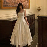 A line Square Neckline Sleeveless White Date Night Dress Prom Dresses Birthday Outfits SD708