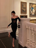 Sheath Off The Shoulder Long Sleeves Black Tea Length Prom Dresses Birthday Outfits SD710