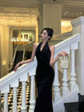 Sheath Halter Sleeveless Black Velvet Tea Length Prom Dresses Birthday Outfits SD712