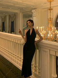 Sheath Halter Sleeveless Black Velvet Tea Length Prom Dresses Birthday Outfits SD712