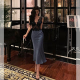 Sheath V Neckline Sleeveless Navy Blue Tea Length Prom Dresses Birthday Outfits SD713