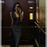 Sheath V Neckline Sleeveless Navy Blue Tea Length Prom Dresses Birthday Outfits SD713