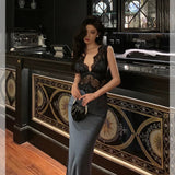 Sheath V Neckline Sleeveless Navy Blue Tea Length Prom Dresses Birthday Outfits SD713