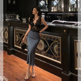 Sheath V Neckline Sleeveless Navy Blue Tea Length Prom Dresses Birthday Outfits SD713