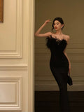 Sheath Strapless Black Satin Feather Prom Dresses Birthday Outfits SD716