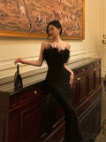 Sheath Strapless Black Satin Feather Prom Dresses Birthday Outfits SD716