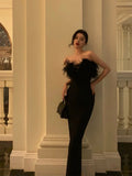 Sheath Strapless Black Satin Feather Prom Dresses Birthday Outfits SD716