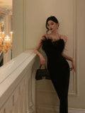 Sheath Strapless Black Satin Feather Prom Dresses Birthday Outfits SD716