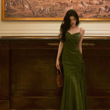 Mermaid Spaghetti Straps Olive Green Satin Long Prom Dresses Birthday Outfit SD719