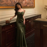 Mermaid Spaghetti Straps Olive Green Satin Long Prom Dresses Birthday Outfit SD719