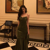 Mermaid Spaghetti Straps Olive Green Satin Long Prom Dresses Birthday Outfit SD719
