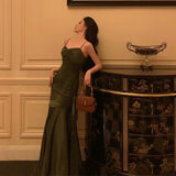Mermaid Spaghetti Straps Olive Green Satin Long Prom Dresses Birthday Outfit SD719