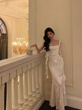 Sheath Straps White Satin Long Prom Dresses Birthday Outfit SD720