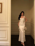 Sheath Straps White Satin Long Prom Dresses Birthday Outfit SD720