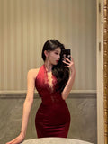 Sheath Halter Burgundy Sleeveless Lace Date Night Dress Prom Dresses Birthday Outfit SD723