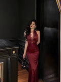 Sheath Halter Burgundy Sleeveless Lace Date Night Dress Prom Dresses Birthday Outfit SD723