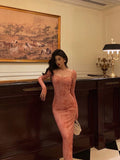 Sheath Square Neckline Long Sleeves Pink Lace Prom Dresses Birthday Outfits SD726