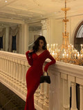 Mermaid V Neckline Long Sleeves Red Date Night Dress Prom Dresses Birthday Outfit SD727