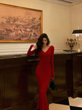 Mermaid V Neckline Long Sleeves Red Date Night Dress Prom Dresses Birthday Outfit SD727