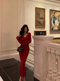 Mermaid V Neckline Long Sleeves Red Date Night Dress Prom Dresses Birthday Outfit SD727