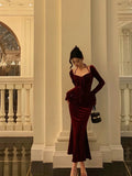 Sheath Halter Long Sleeves Burgundy Velvet Date Night Dress Prom Dresses Birthday Outfit SD728